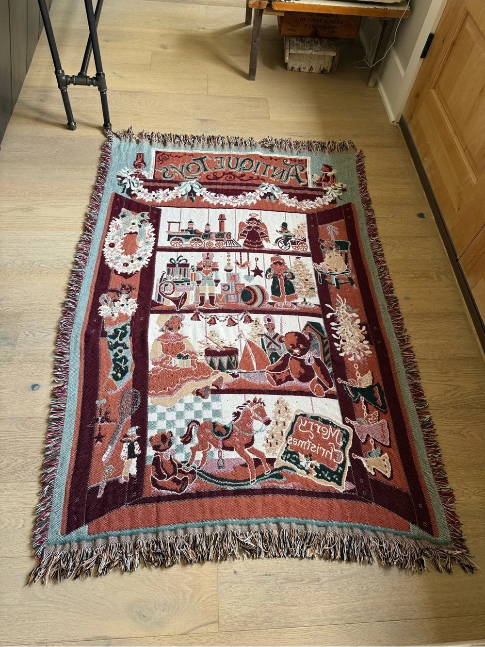 Vintage Fieldcrest Antique Holiday Throw Blanket - Burgundy, Green, Cream